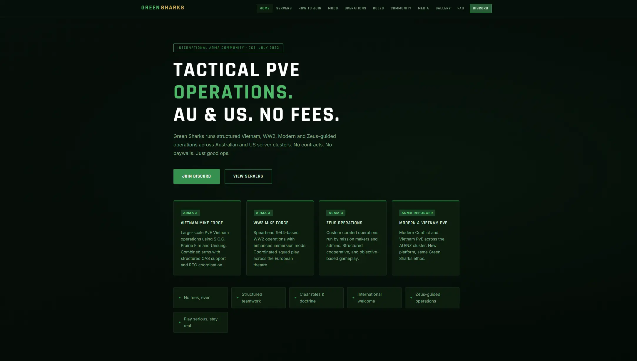 Green Sharks website — international Arma gaming community